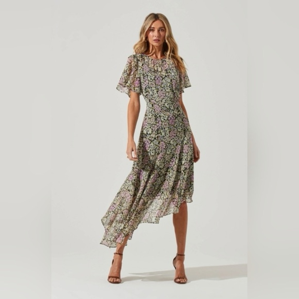 Astr Floral Asymmetrical Midi Dress in Green and Lilac